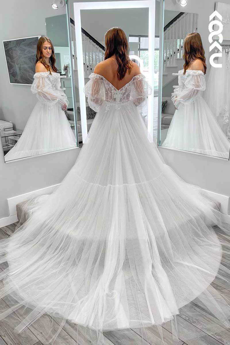 K1074 - Off-Shoulder Lace Appliqued Sheer Bone Bodice Tulle Wedding Dress