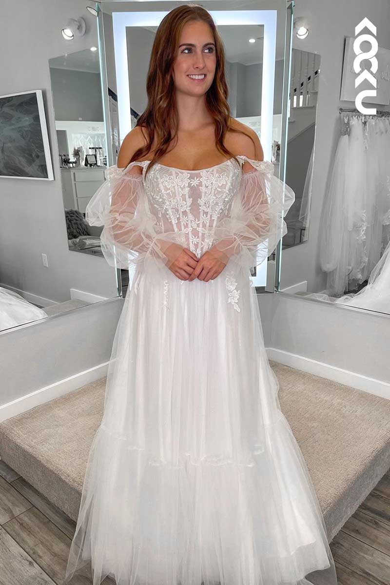 K1074 - Off-Shoulder Lace Appliqued Sheer Bone Bodice Tulle Wedding Dress