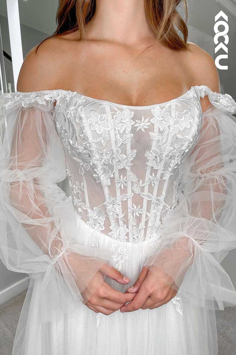 K1074 - Off-Shoulder Lace Appliqued Sheer Bone Bodice Tulle Wedding Dress