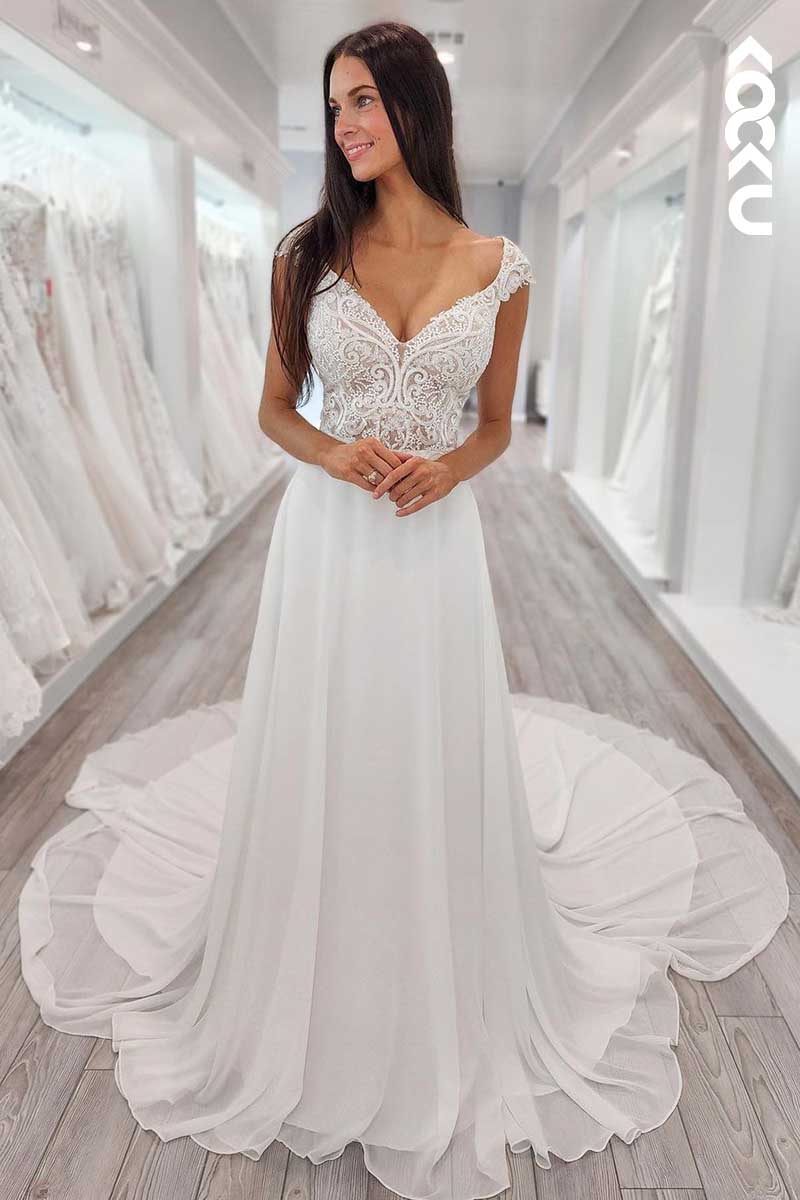 K1075 - V-Neck Lace Appliqued A-Line Long Wedding Dress With Sweep Train