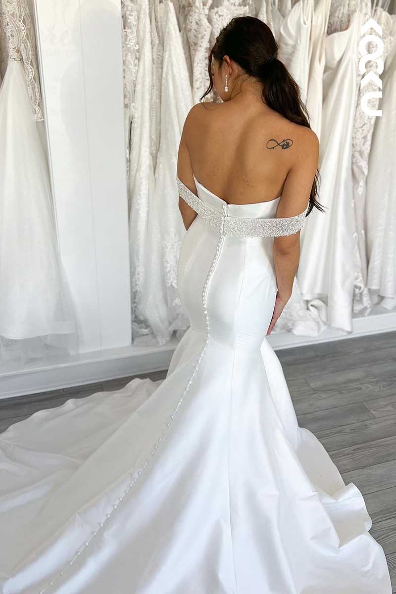 K1076 - V-Neck Off-Shoulder Beaded Mermaid Long Wedding Dress