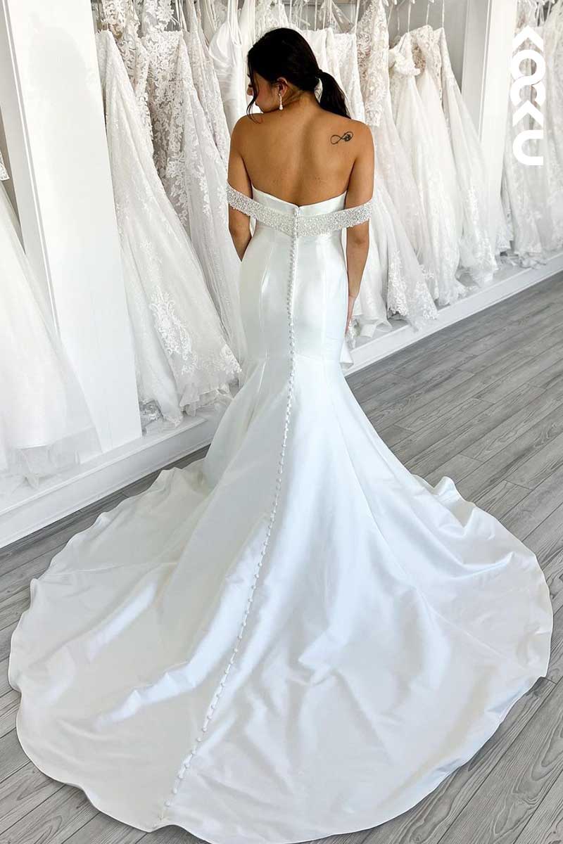 K1076 - V-Neck Off-Shoulder Beaded Mermaid Long Wedding Dress