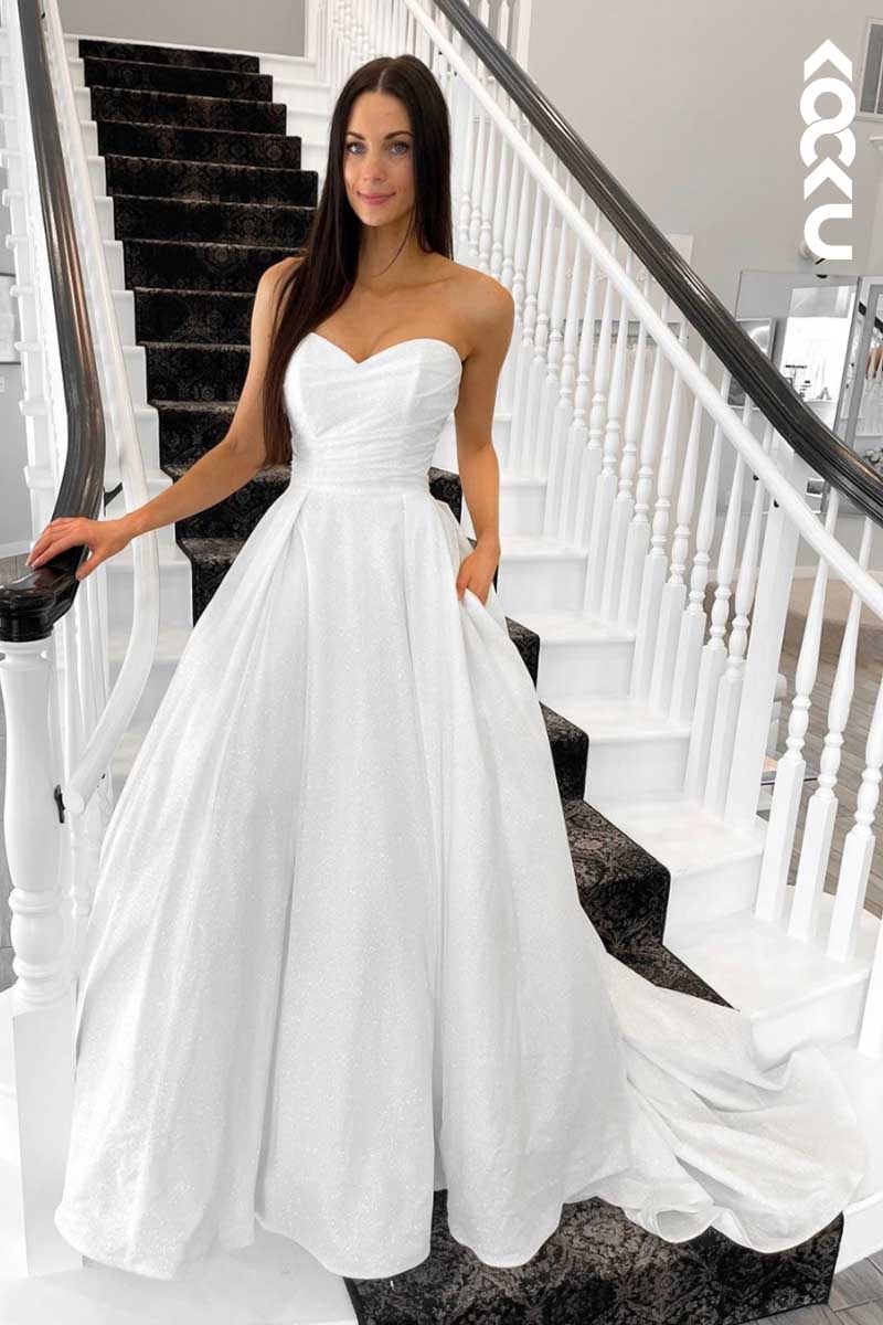 K1077 - Sweetheart Strapless Ruched Sparkly A-Line Long Wedding Dress