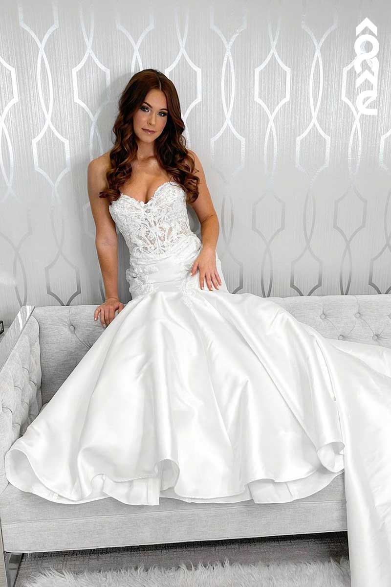 K1078 - Sweetheart Strapless Lace Appliqued Sheer Mermaid Long Wedding Dress