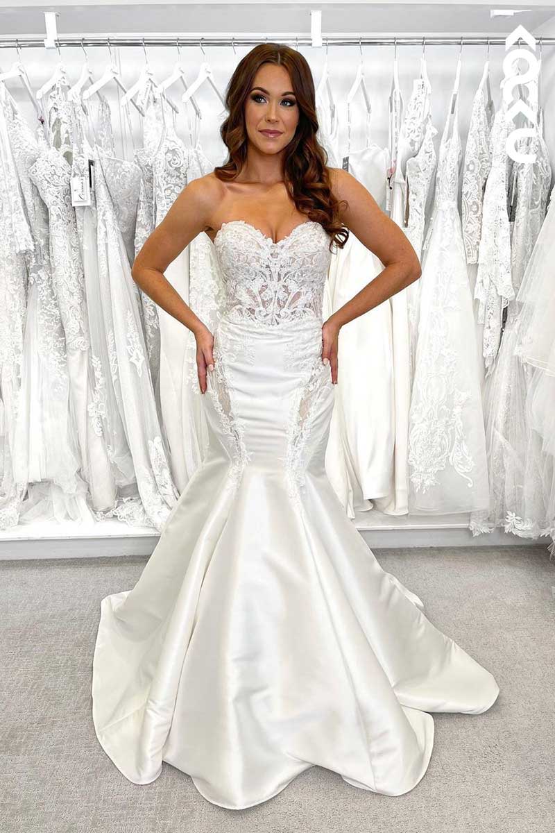 K1078 - Sweetheart Strapless Lace Appliqued Sheer Mermaid Long Wedding Dress