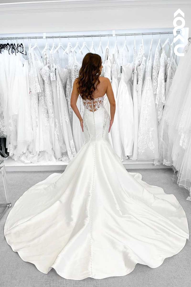 K1078 - Sweetheart Strapless Lace Appliqued Sheer Mermaid Long Wedding Dress