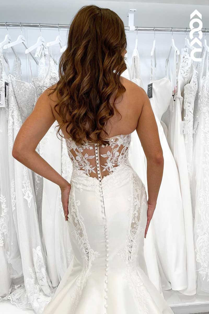 K1078 - Sweetheart Strapless Lace Appliqued Sheer Mermaid Long Wedding Dress