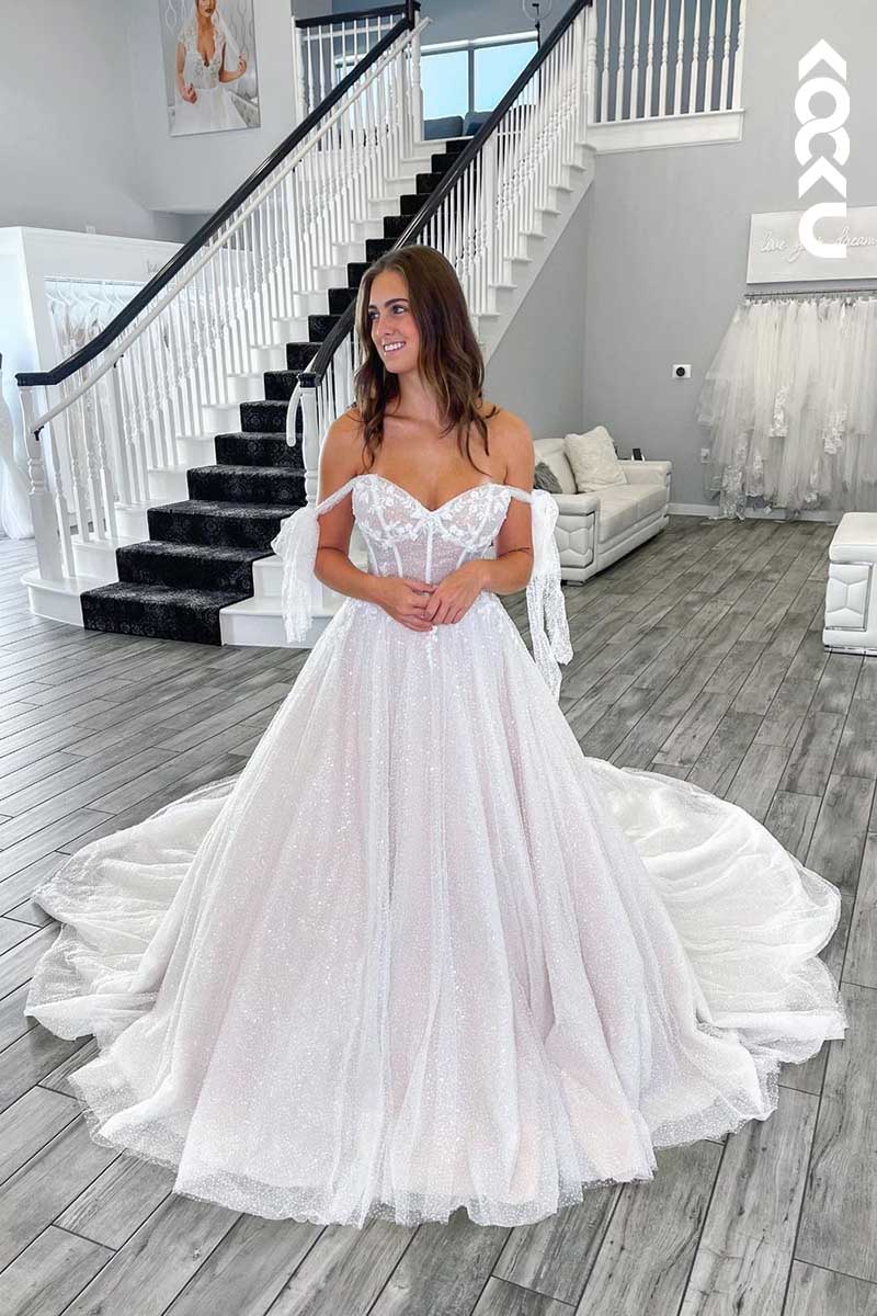 K1079 - Off-Shoulder Lace Appliqued Sparkly A-Line Long Wedding Dress