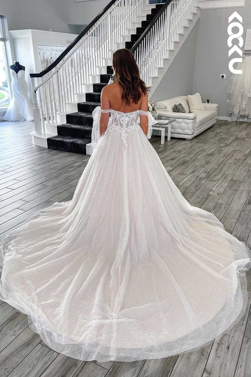 K1079 - Off-Shoulder Lace Appliqued Sparkly A-Line Long Wedding Dress