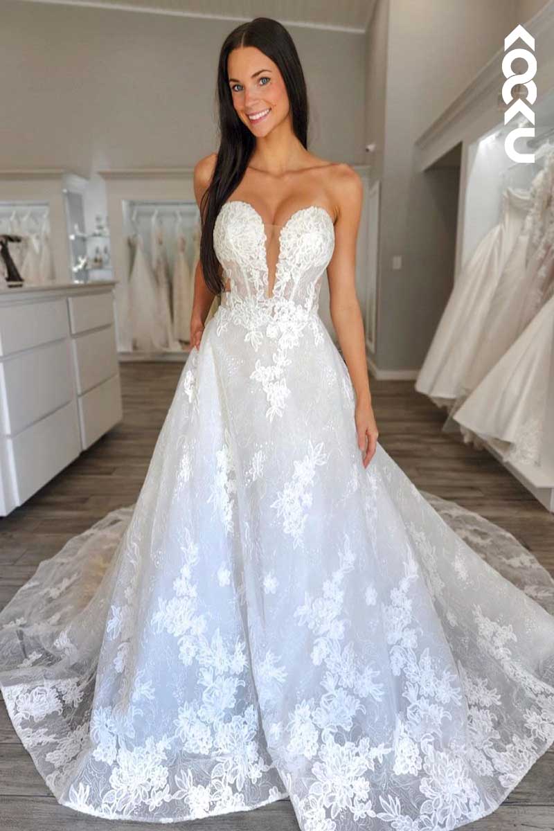 K1080 - Deep V-Neck Strapless Lace Appliqued Sparkly A-Line Long Wedding Dress