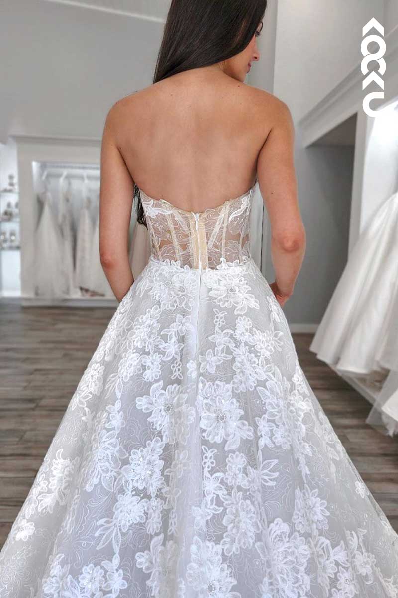 K1080 - Deep V-Neck Strapless Lace Appliqued Sparkly A-Line Long Wedding Dress