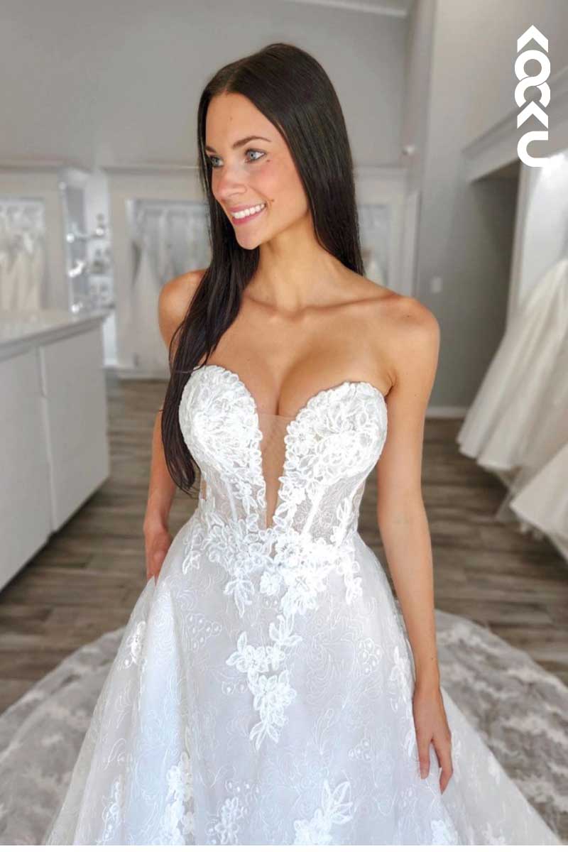 K1080 - Deep V-Neck Strapless Lace Appliqued Sparkly A-Line Long Wedding Dress