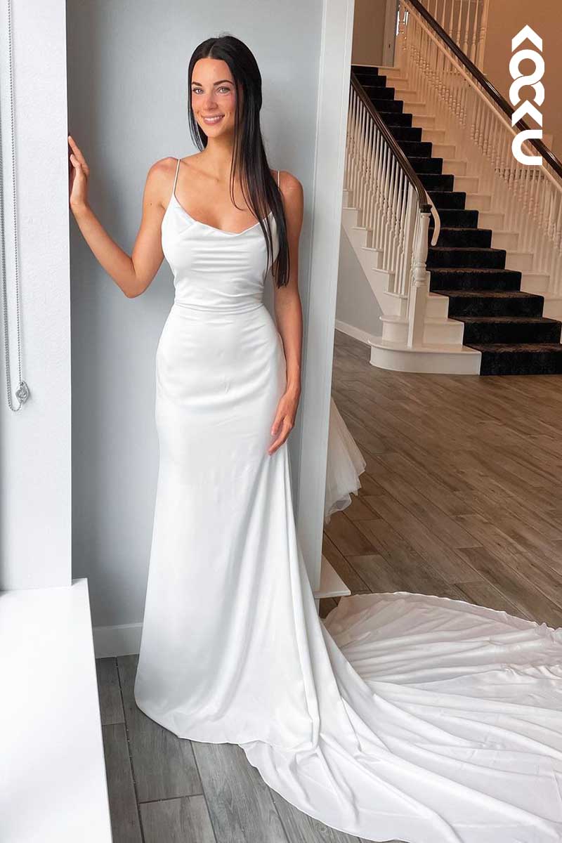 K1081 - Spaghetti Straps Backless White Satin Sheath Long Wedding Dress