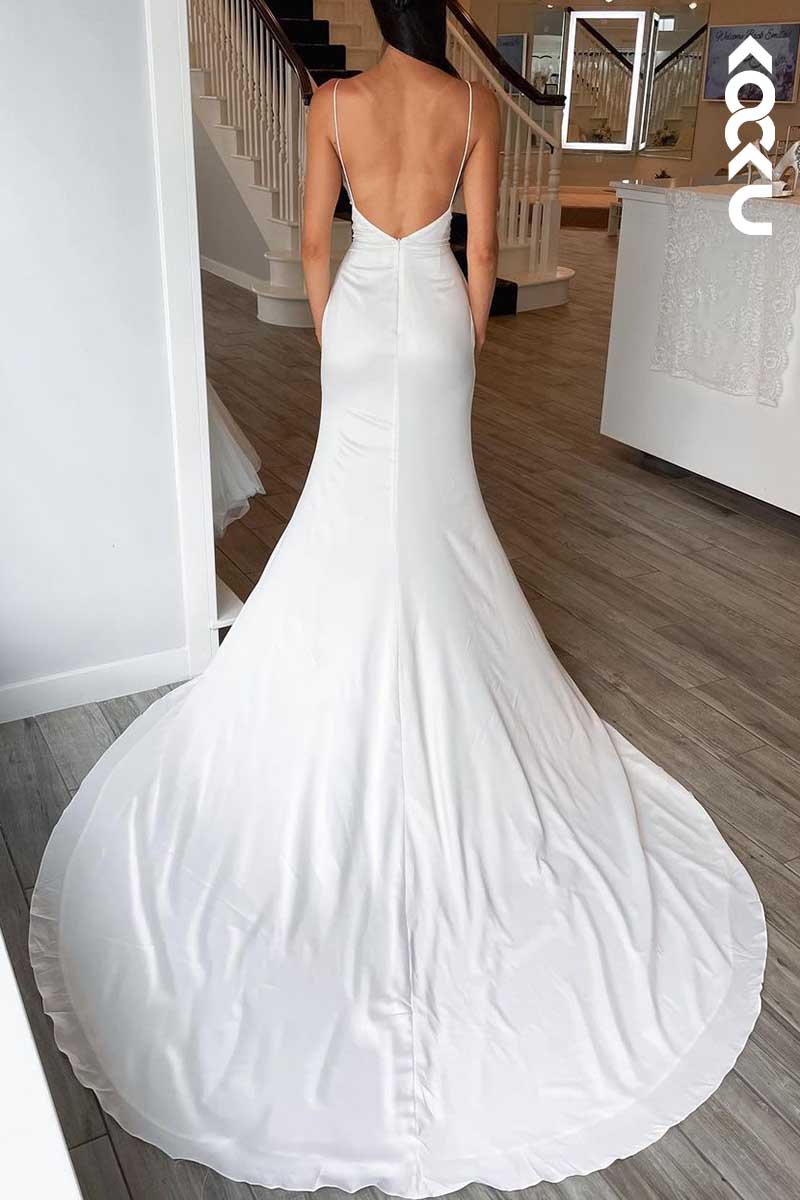 K1081 - Spaghetti Straps Backless White Satin Sheath Long Wedding Dress