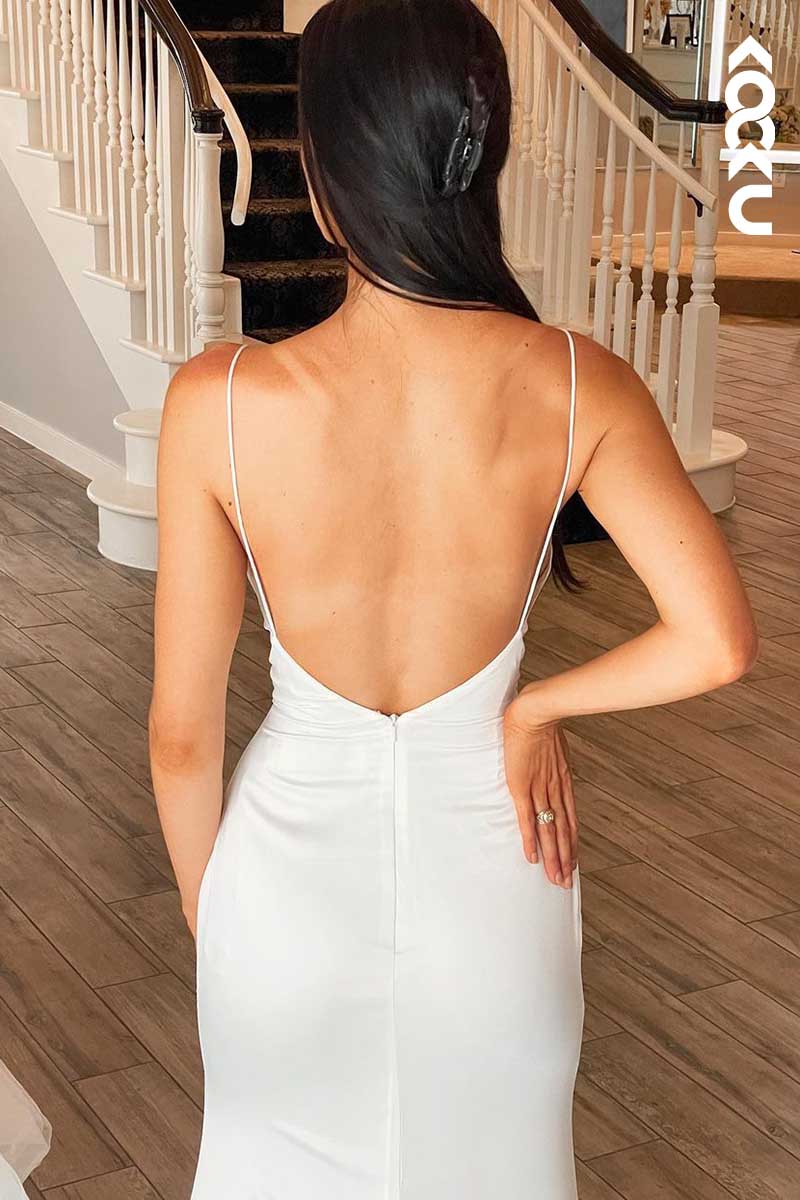 K1081 - Spaghetti Straps Backless White Satin Sheath Long Wedding Dress