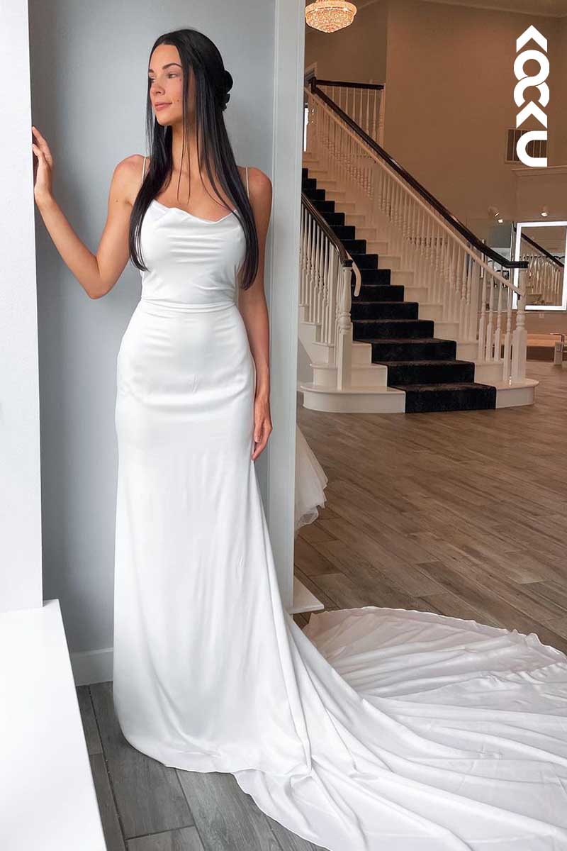 K1081 - Spaghetti Straps Backless White Satin Sheath Long Wedding Dress