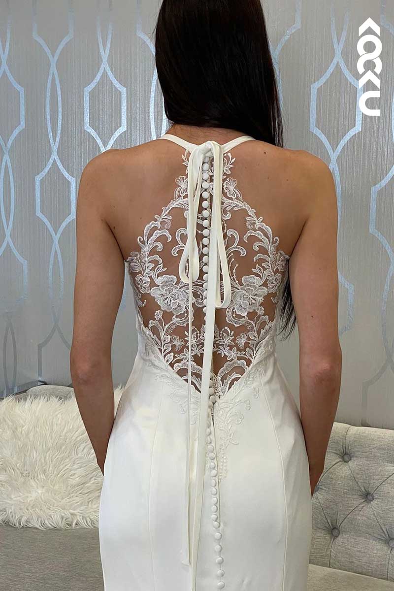 K1082 - Spaghetti Straps Lace Sheath Long Wedding Dress With Sweep Train