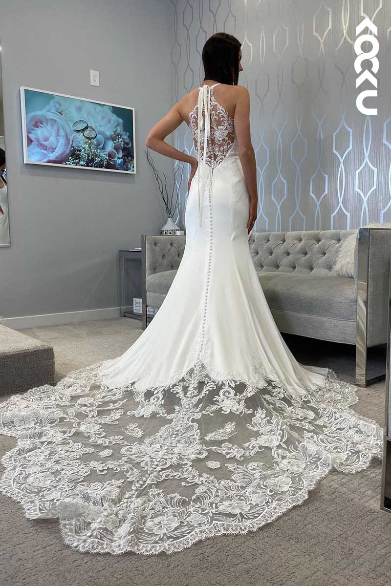 K1082 - Spaghetti Straps Lace Sheath Long Wedding Dress With Sweep Train