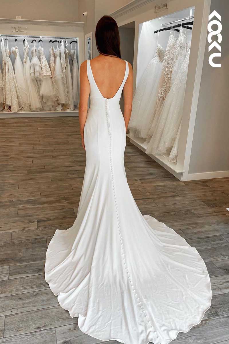 K1083 - V-Neck Backless Satin Sheath Long Wedding Dress With Sweep Train