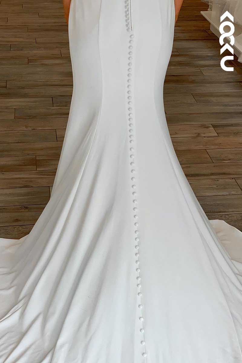 K1083 - V-Neck Backless Satin Sheath Long Wedding Dress With Sweep Train