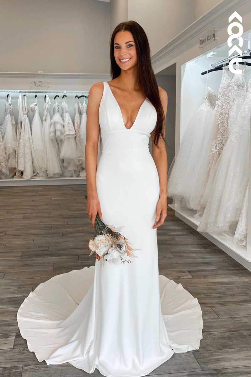 K1083 - V-Neck Backless Satin Sheath Long Wedding Dress With Sweep Train