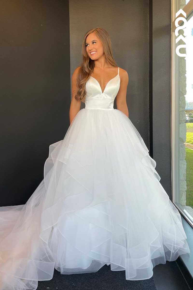 K1084 - V-Neck Spaghetti Straps Backless A-Line Tulle Long Wedding Dress