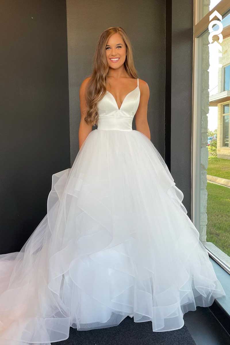 K1084 - V-Neck Spaghetti Straps Backless A-Line Tulle Long Wedding Dress