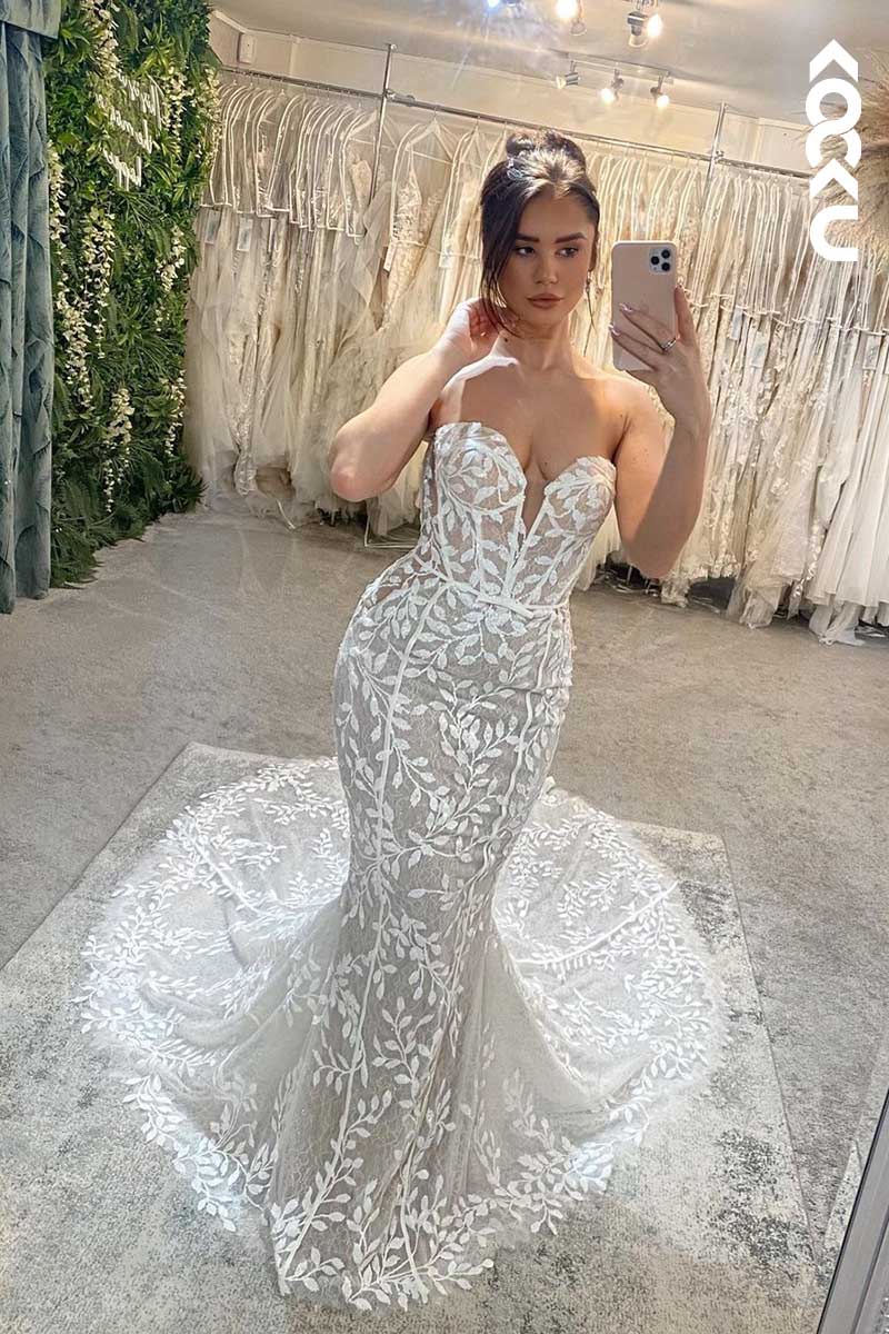 K1086 - Deep V-Neck Strapless Lace Appliqued Sheer Mermaid Wedding Dress