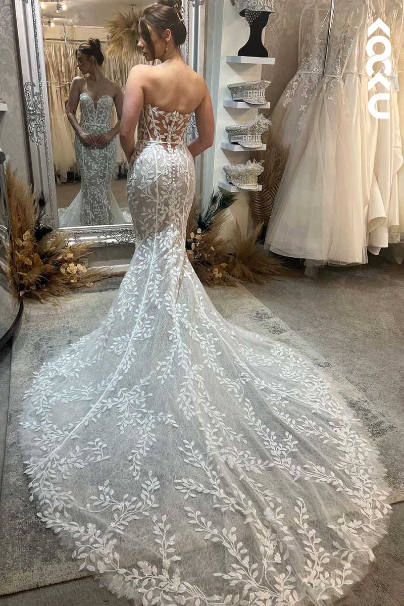 K1086 - Deep V-Neck Strapless Lace Appliqued Sheer Mermaid Wedding Dress