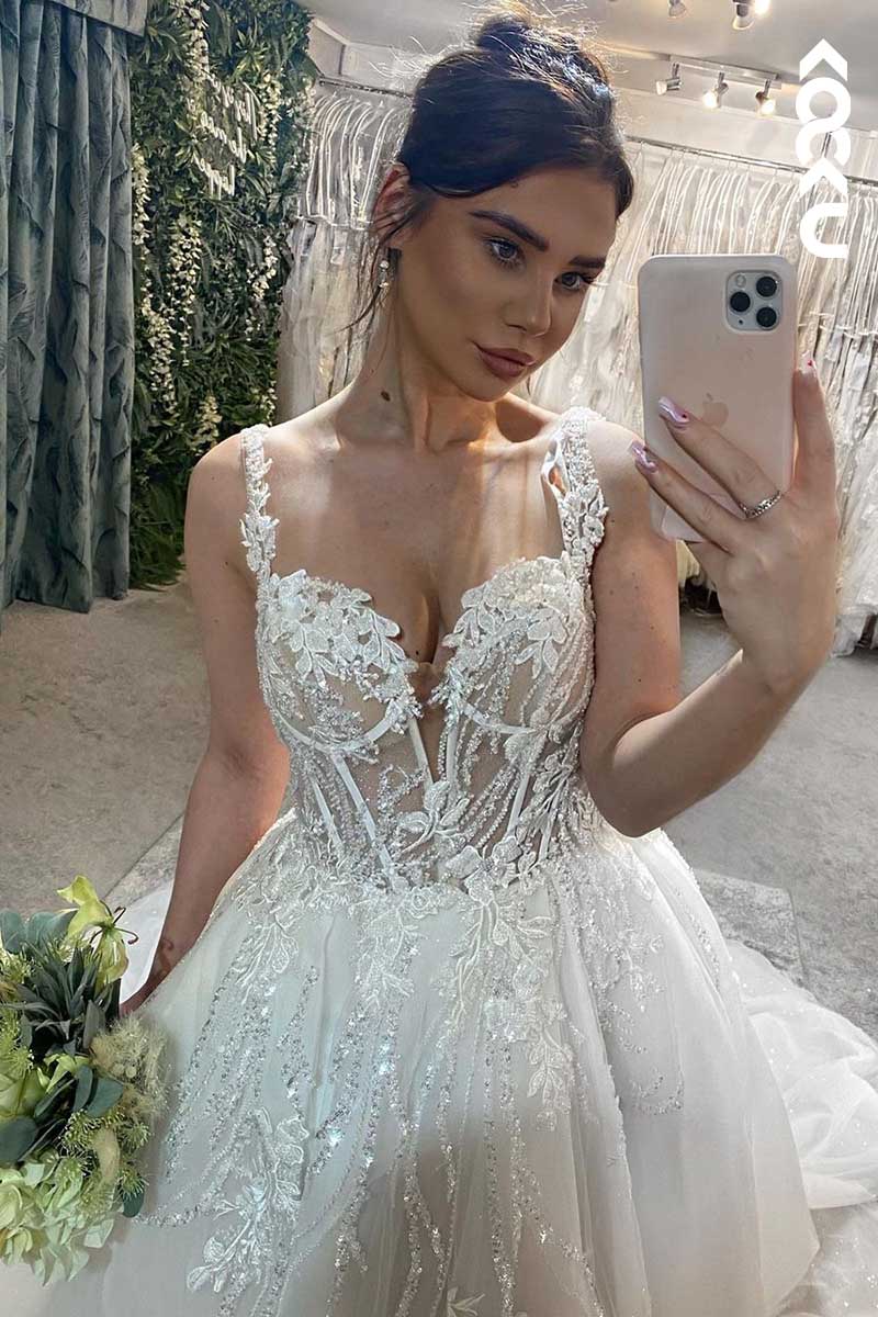 K1087 - Deep V-Neck Lace Appliqued Beaded A-Line Wedding Dress