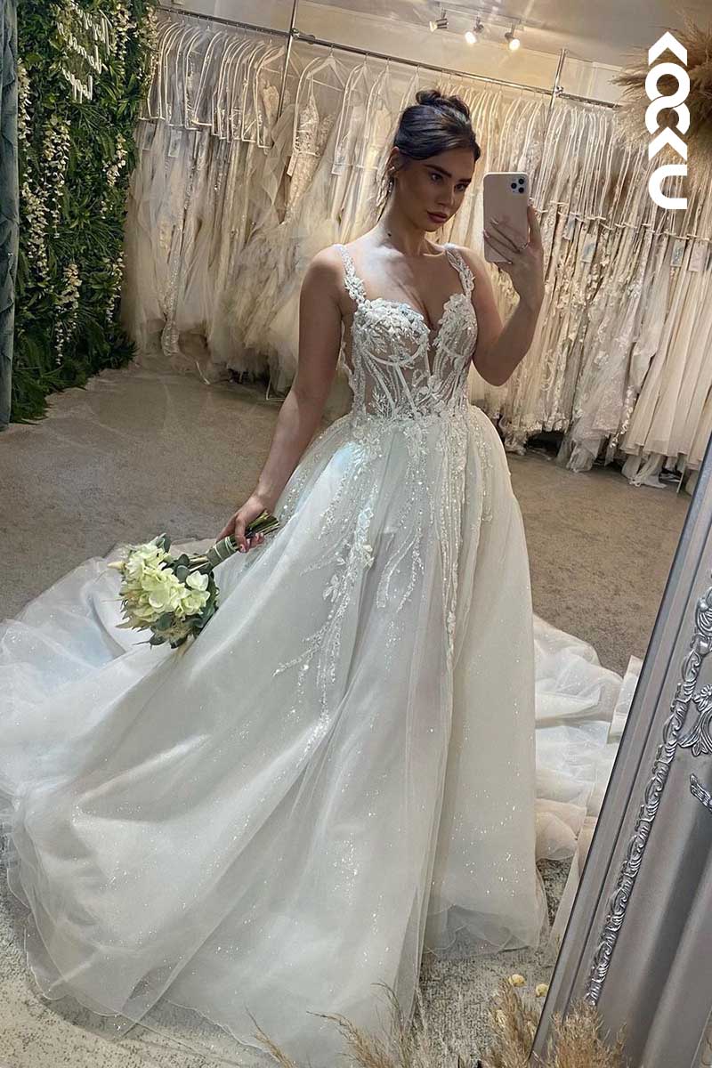 K1087 - Deep V-Neck Lace Appliqued Beaded A-Line Wedding Dress