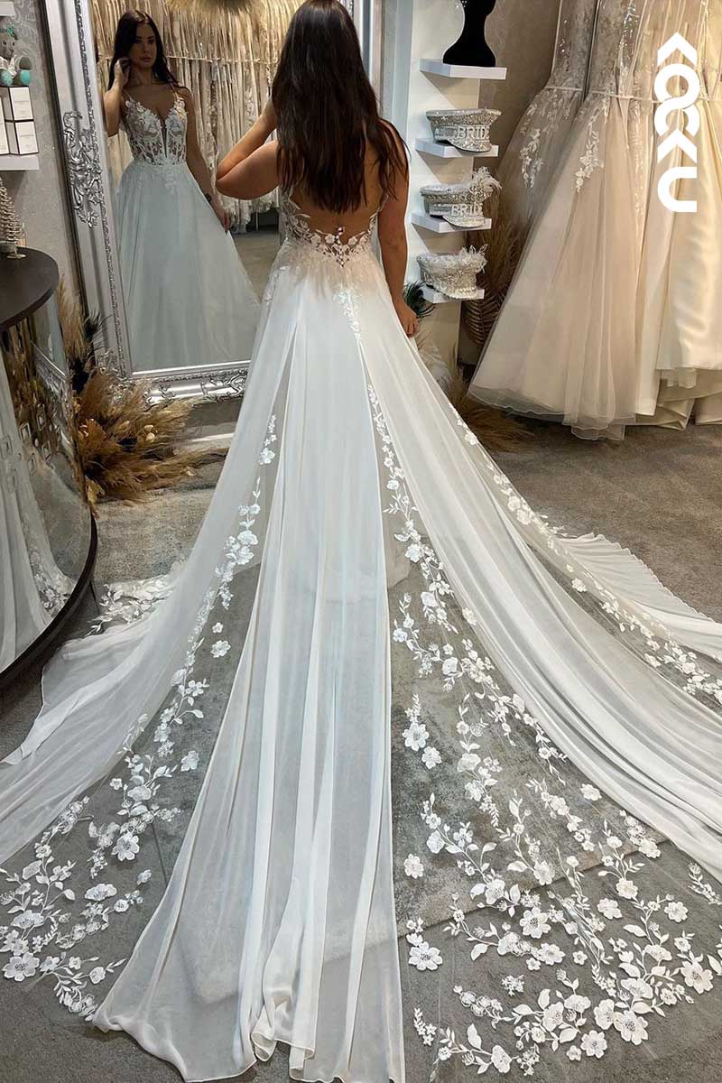 K1088 - Deep V-Neck Lace Appliqued Beaded Sheer A-Line Wedding Dress