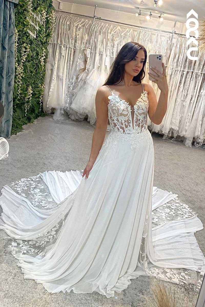 K1088 - Deep V-Neck Lace Appliqued Beaded Sheer A-Line Wedding Dress