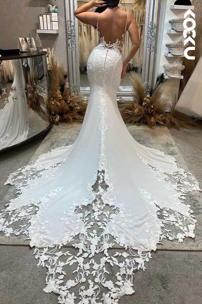 K1089 - Deep V-Neck Spaghetti Straps Lace Appliqued Mermaid Wedding Dress