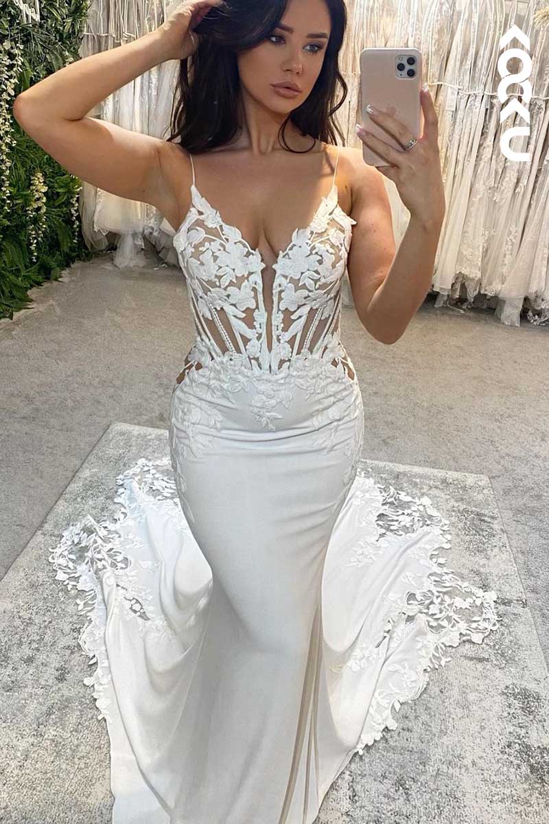 K1089 - Deep V-Neck Spaghetti Straps Lace Appliqued Mermaid Wedding Dress