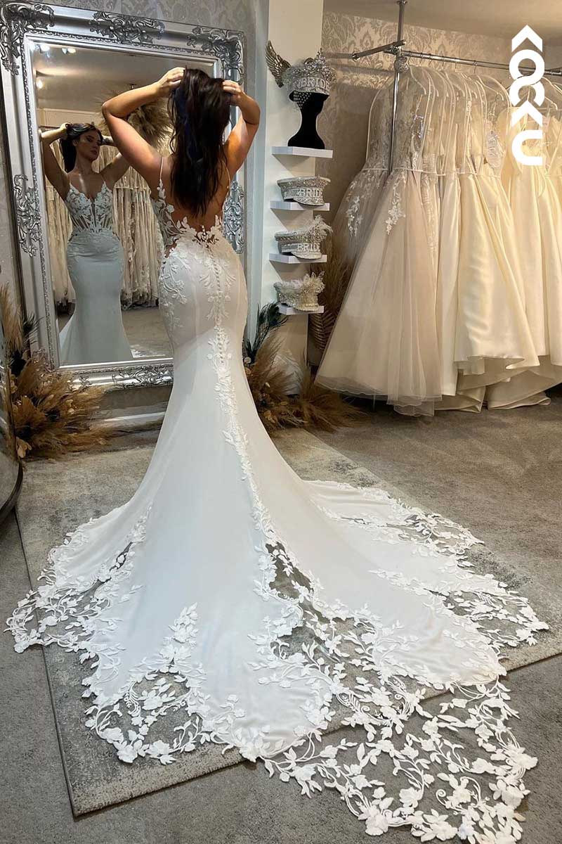 K1089 - Deep V-Neck Spaghetti Straps Lace Appliqued Mermaid Wedding Dress