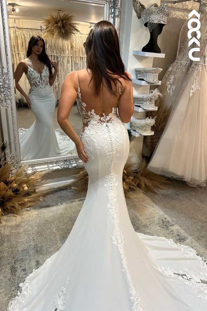 K1089 - Deep V-Neck Spaghetti Straps Lace Appliqued Mermaid Wedding Dress