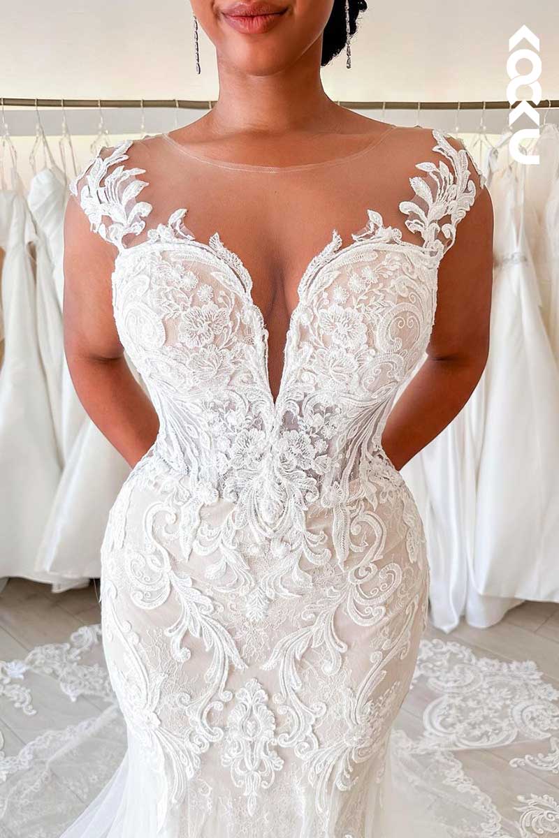 K1090 - Deep V-Neck Lace Appliqued Mermaid Wedding Dress With Sweep Train