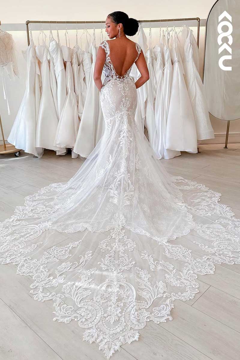 K1090 - Deep V-Neck Lace Appliqued Mermaid Wedding Dress With Sweep Train