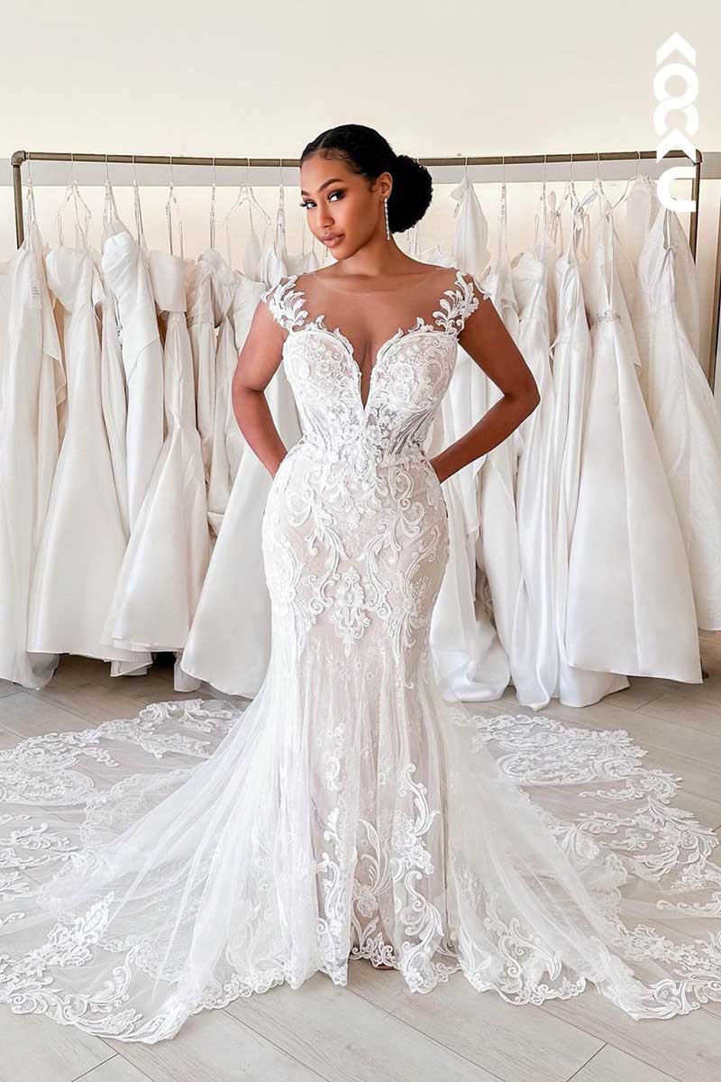 K1090 - Deep V-Neck Lace Appliqued Mermaid Wedding Dress With Sweep Train