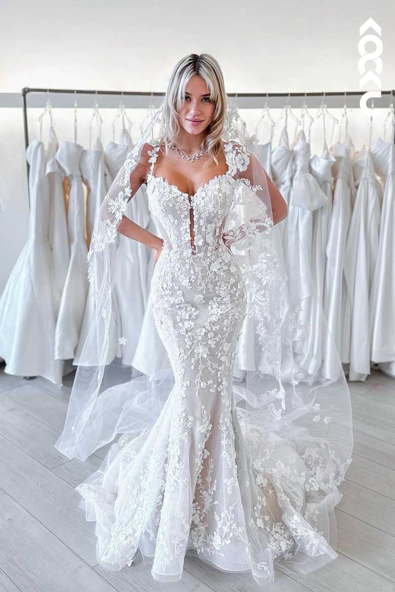 K1091 - Deep V-Neck Lace Appliqued Sparkly Mermaid Wedding Dress