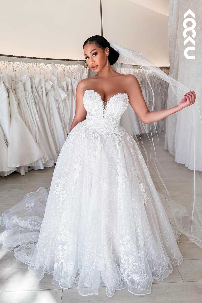 K1092 - Deep V-Neck Lace Appliqued A-Line Tulle Wedding Dress