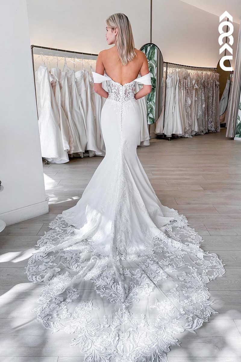 K1093 - V-Neck Off-Shoulder Satin Mermaid Wedding Dress With Sweep Train