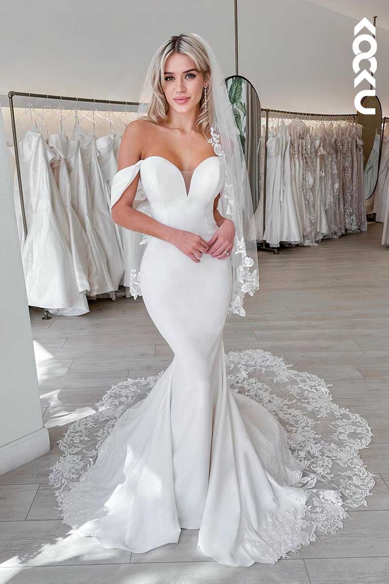 K1093 - V-Neck Off-Shoulder Satin Mermaid Wedding Dress With Sweep Train