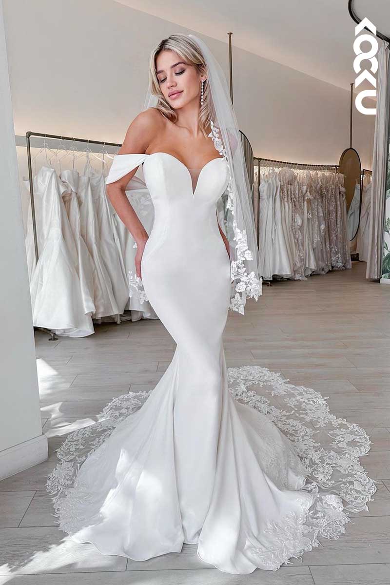 K1093 - V-Neck Off-Shoulder Satin Mermaid Wedding Dress With Sweep Train