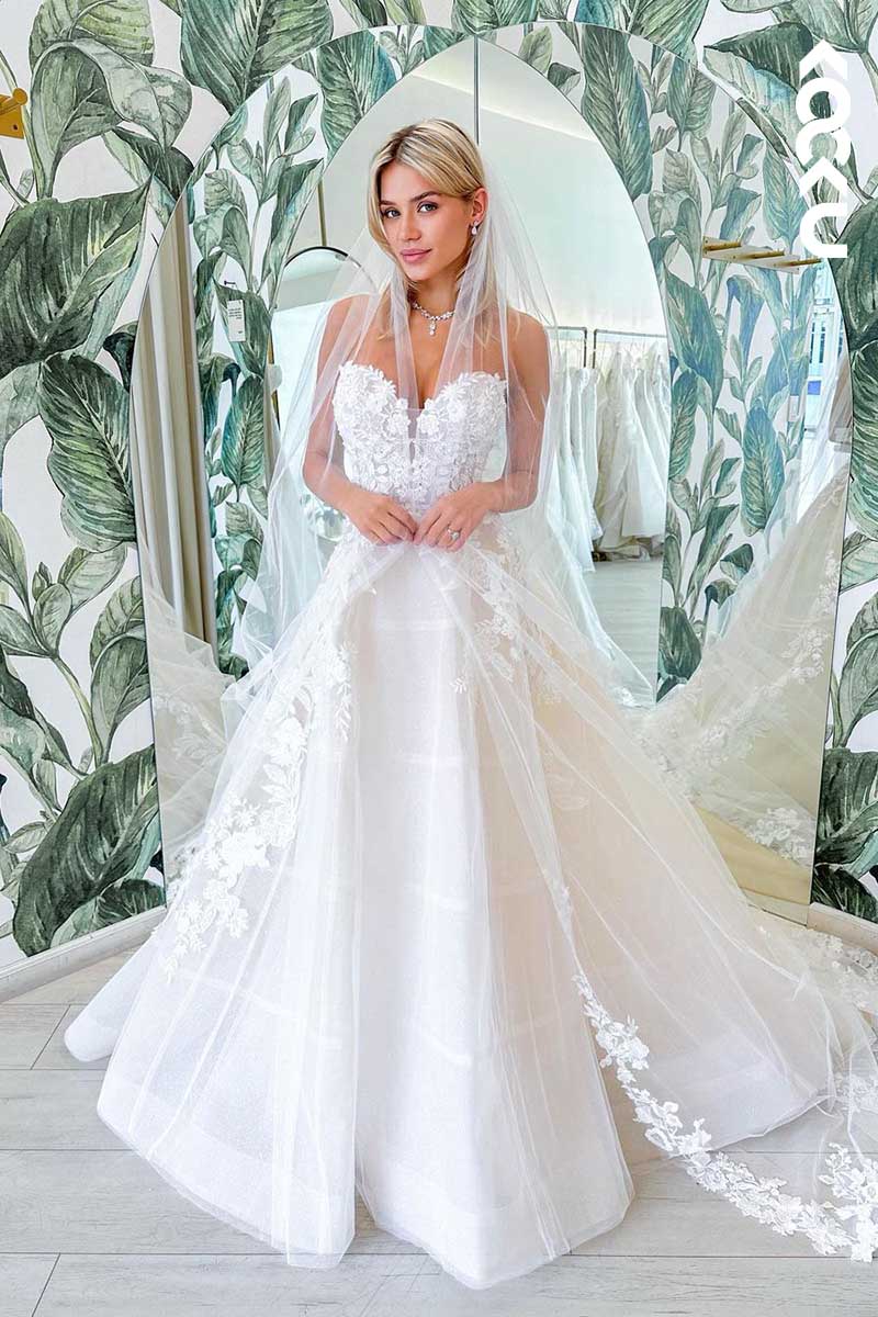 K1094 - Deep V-Neck Strapless Lace Appliqued Sheer A-Line Tulle Wedding Dress