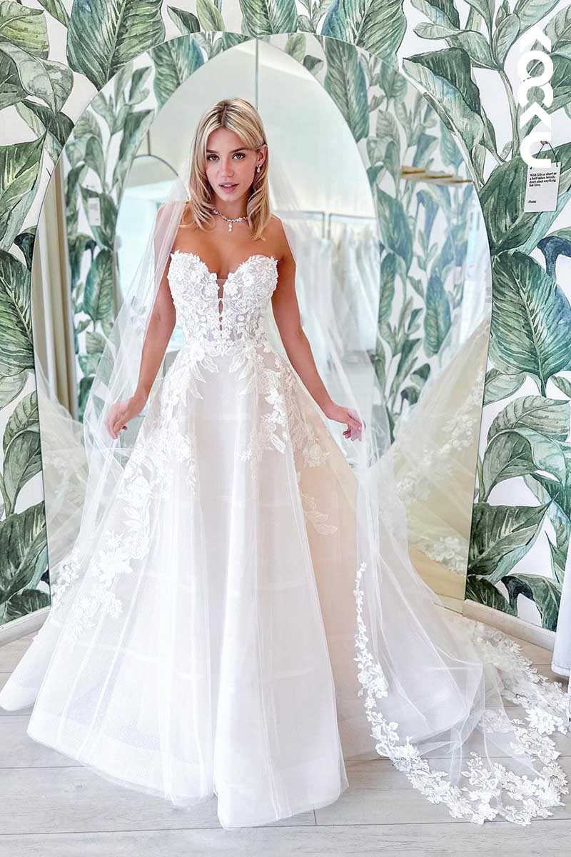 K1094 - Deep V-Neck Strapless Lace Appliqued Sheer A-Line Tulle Wedding Dress