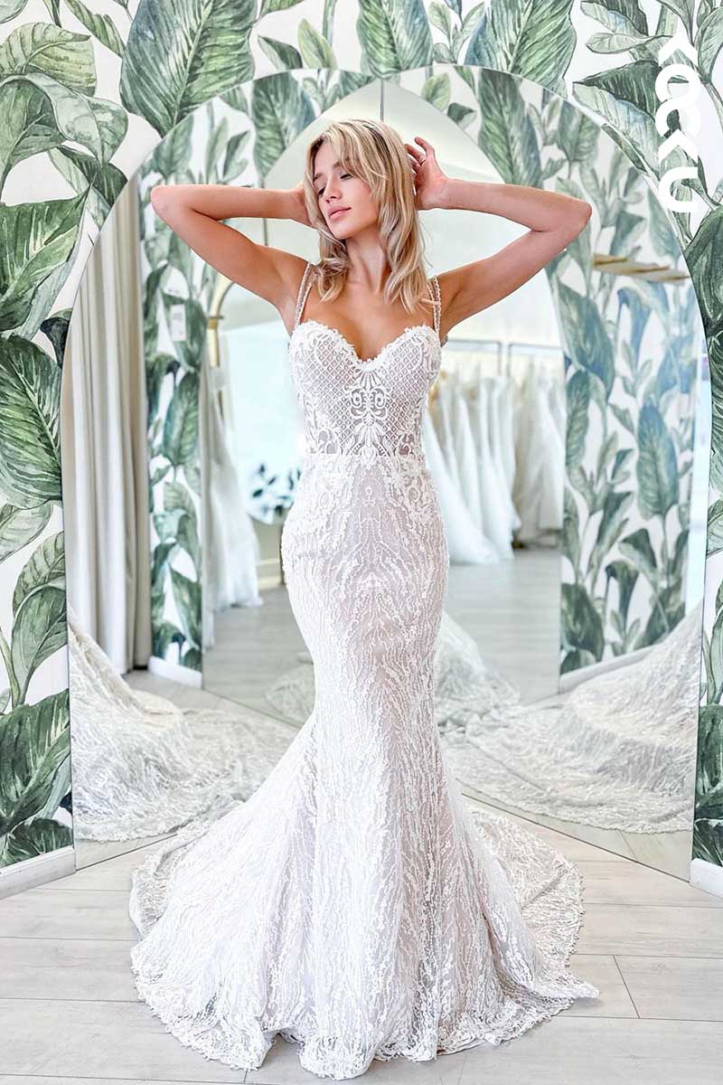 K1095 - Sweetheart Spaghetti Straps Lace Appliqued Mermaid Wedding Dress