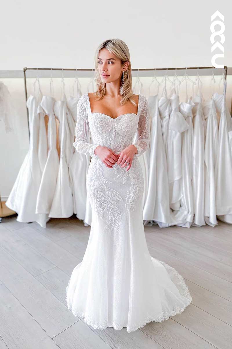 K1096 - Square Neck Long Sleeves Lace Appliqued Beaded Wedding Dress