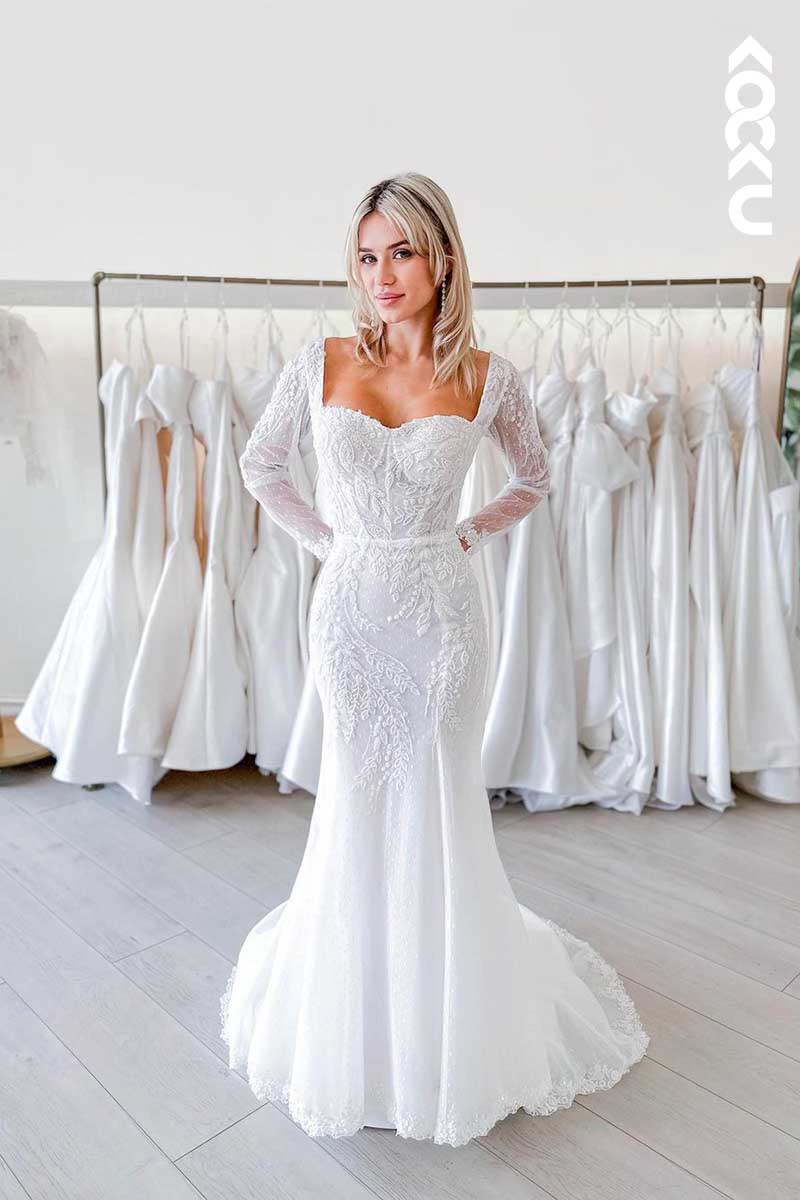 K1096 - Square Neck Long Sleeves Lace Appliqued Beaded Wedding Dress